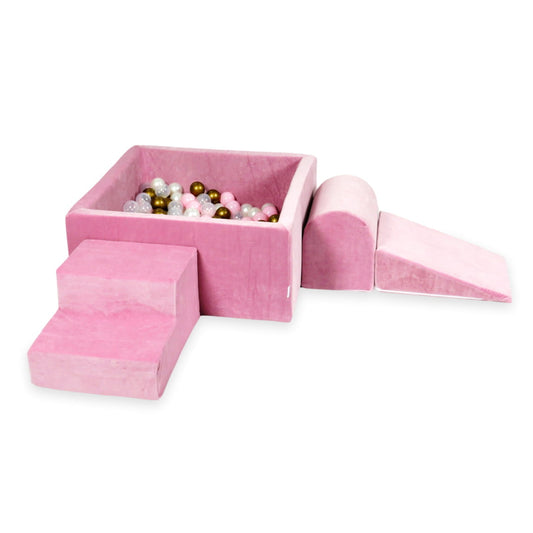 Aire de jeux en mousse avec piscine carrée 90x90x40 velvet soft rose + 400 balles (vieil or, rose clair, perle, transparent)