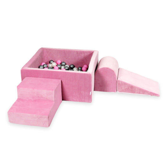 Aire de jeux en mousse avec piscine carrée 90x90x40 velvet soft rose + 400 balles (perle, argent, rose poudré)