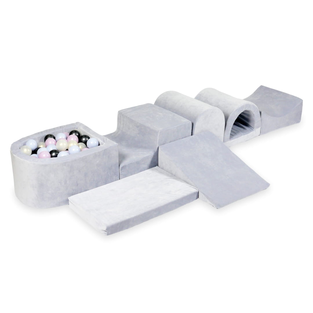 Plus grande aire de jeux en mousse avec piscine micro velvet soft gris clair + 100 balles (bleu perle, rose perle, graphite métallique, iridescent)