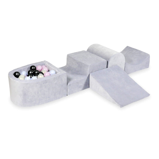 Aire de jeux en mousse avec colline et piscine micro velvet soft gris clair + 100 balles (bleu perle, rose perle, graphite métallique, iridescent)