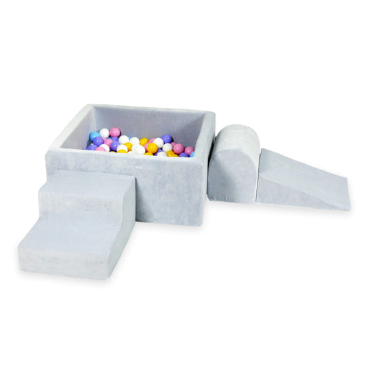 Aire de jeux en mousse avec piscine carrée 90x90x40 velvet soft gris clair + 400 balles (bleu clair, jaune, bruyère, rose poudre, blanc)