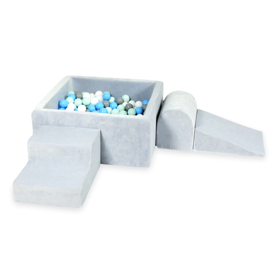 Aire de jeux en mousse avec piscine carrée 90x90x40 velvet soft gris clair + 400 balles (gris, blanc, bleu clair, menthe claire)