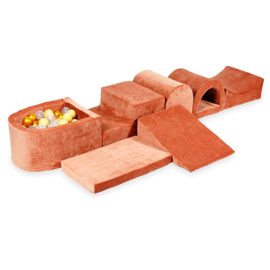 Plus grande aire de jeux en mousse avec micro piscine velvet soft canyon clay + 100 balles (beige, or, transparent)