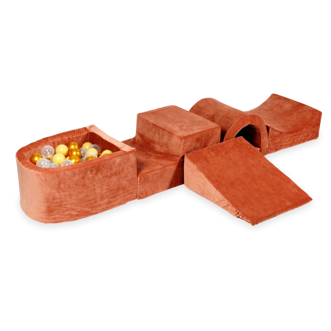 Aire de jeux en mousse avec pont et piscine micro velvet soft canyon clay + 100 balles (beige, or, transparent)