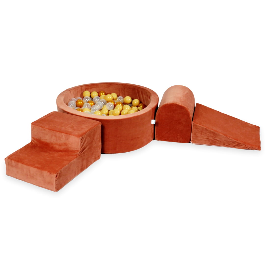 Aire de jeux en mousse avec piscine ronde 90x30 velvet soft canyon clay + 200 balles (beige, or, transparent)