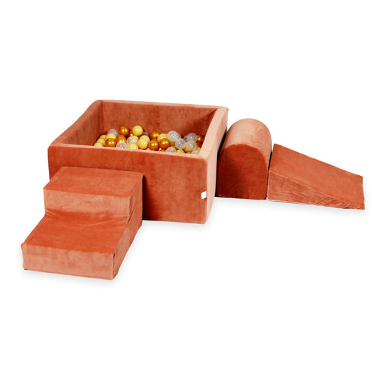 Aire de jeux en mousse avec piscine carrée 90x90x40 velvet soft canyon clay + 400 balles (beige, or, transparent)