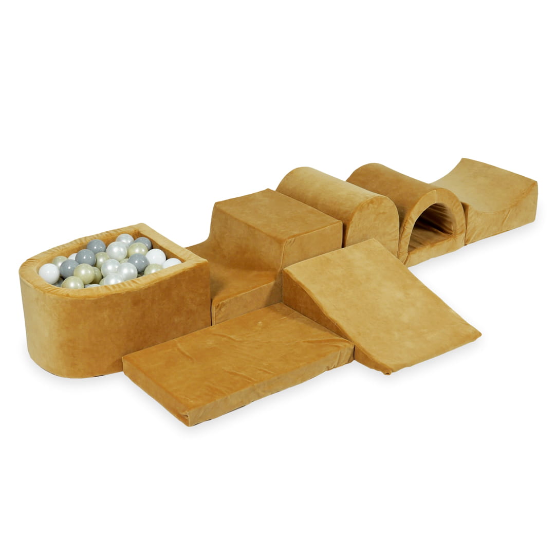Plus grande aire de jeux en mousse avec piscine micro velvet soft carmel + 100 balles (transparent, blanc, perle, gris, or clair)