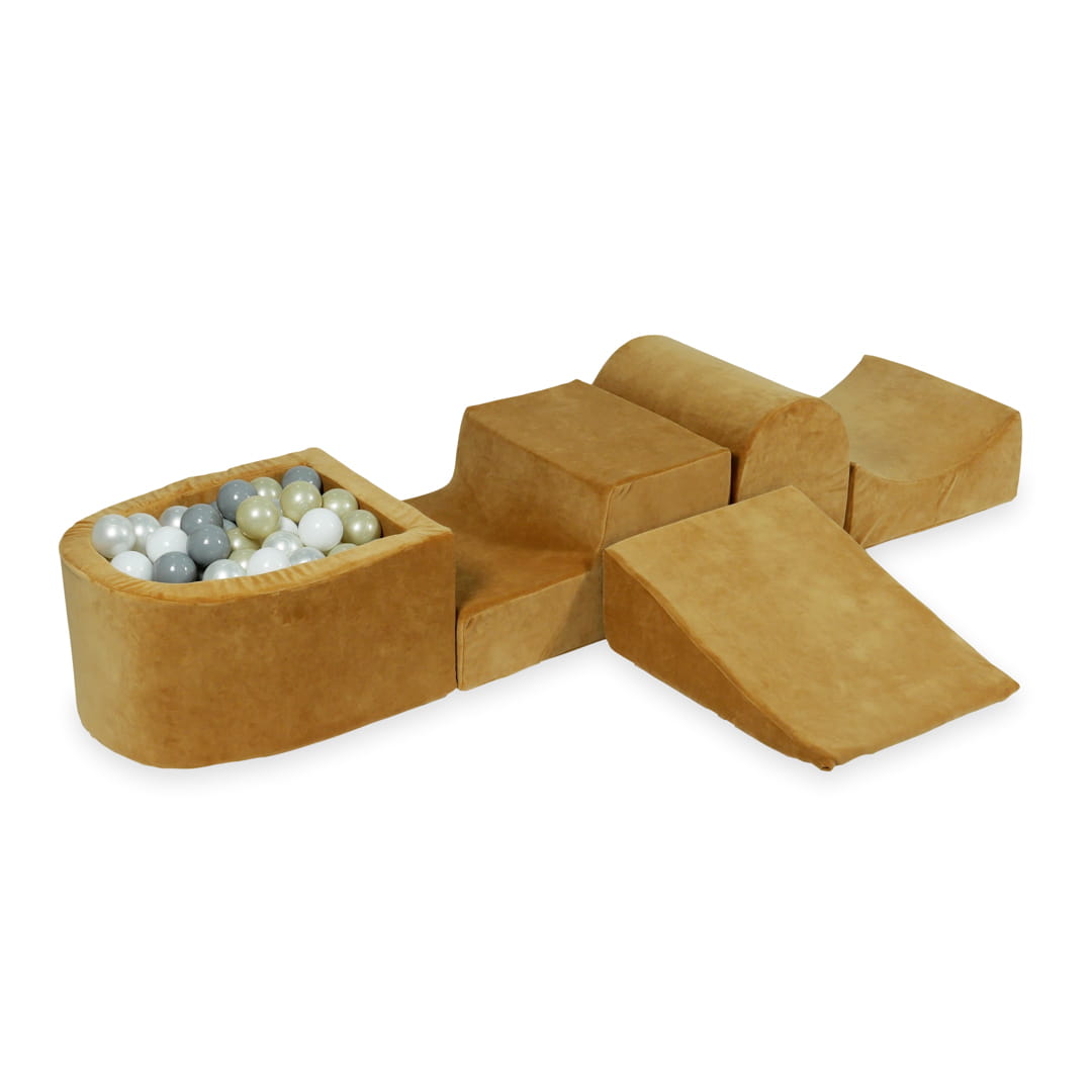 Aire de jeux en mousse avec colline et piscine micro velvet soft carmel + 100 balles (transparent, blanc, perle, gris, or clair)