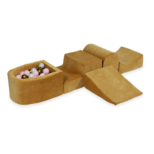 Aire de jeux en mousse avec colline et piscine micro velvet soft carmel + 100 balles (vieil or, rose clair, perle)