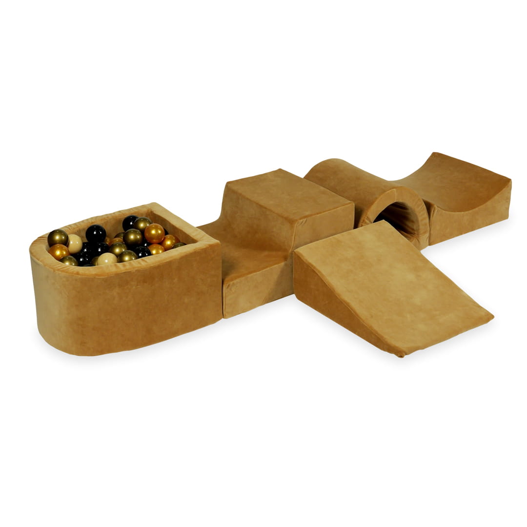 Aire de jeux en mousse avec pont et piscine micro velvet soft carmel + 100 balles (beige, vieil or, or, noir)