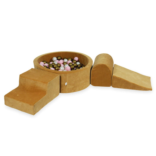 Aire de jeux en mousse avec piscine ronde 90x30 velvet soft carmel + 200 balles (vieil or, rose clair, perle)