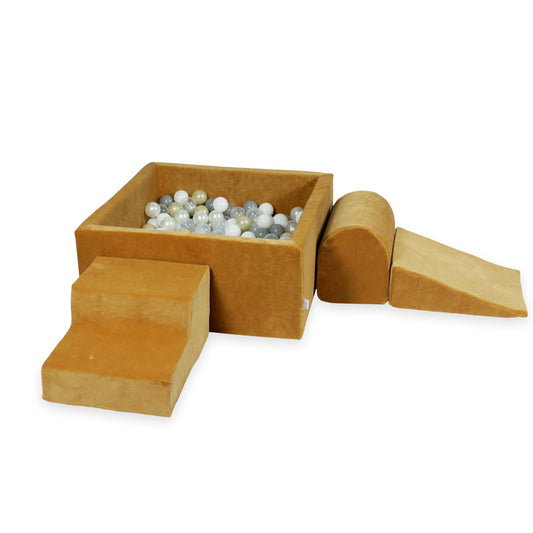 Aire de jeux en mousse avec piscine carrée 90x90x40 velvet soft carmel + 400 balles (transparent, blanc, perle, gris, or clair)