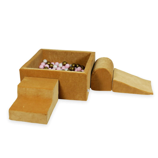 Aire de jeux en mousse avec piscine carrée 90x90x40 velvet soft carmel + 400 balles (beige, vieil or, or, noir)