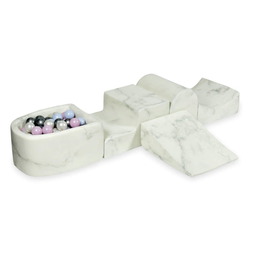 Aire de jeux en mousse avec colline et piscine micro marbre + 100 balles (perle bleue, perle rose, perle, argent)