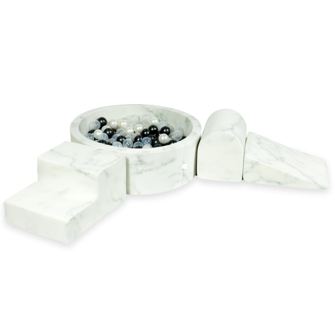 Aire de jeux en mousse avec piscine ronde 90x30 marbre + 200 balles (graphite métallique, perle, transparent)