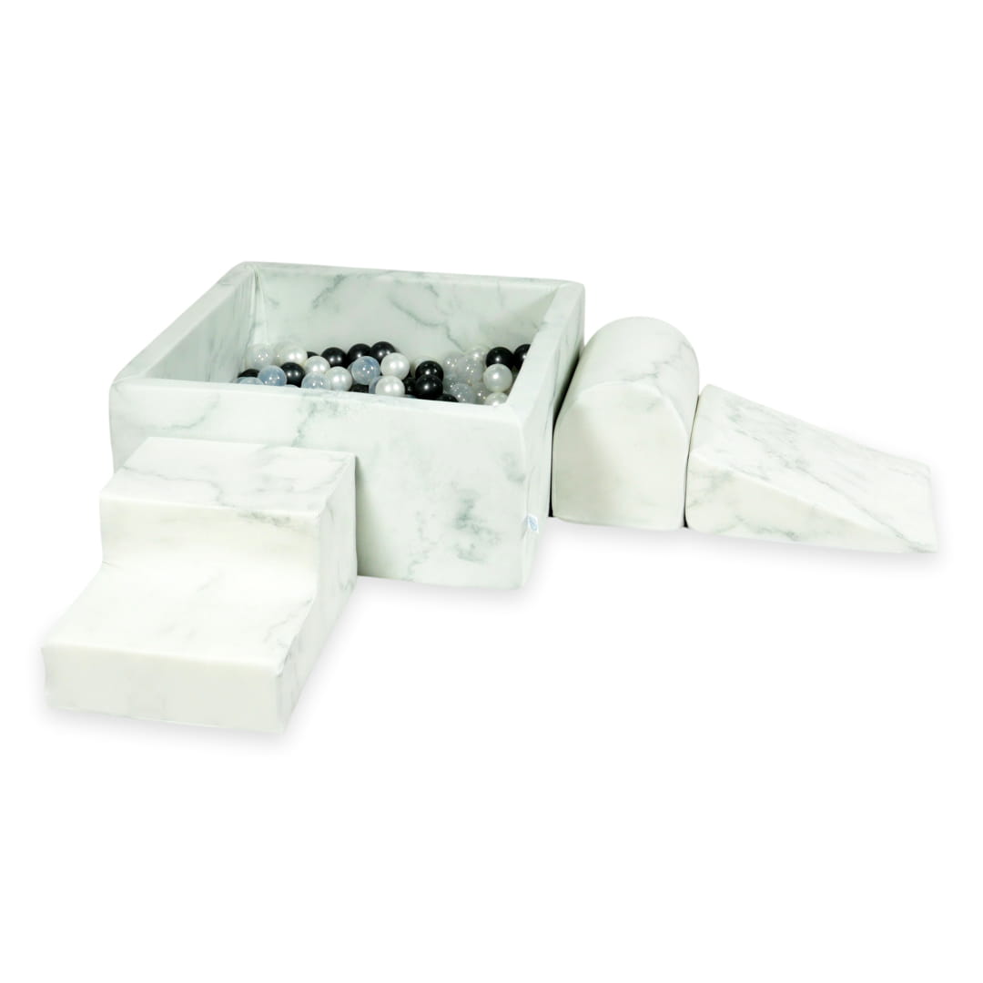 Aire de jeux en mousse avec piscine carrée 90x90x40 marbre + 400 balles (graphite métallique, perle, transparent)