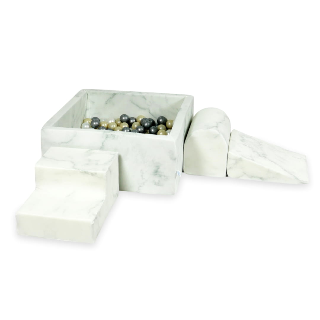 Aire de jeux en mousse avec piscine carrée 90x90x40 marbre + 400 balles (or clair, perle, argent)