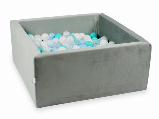 Piscine à Balles 90x90x40 Velvet gris avec balles 400 pcs (menthe claire, turquoise, bleu clair, bleu clair perlé, iridescent, perle, blanc, transparent)