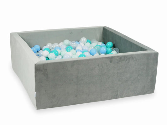 Piscine à Balles 110x110x40 Velvet gris avec balles 600 pcs (menthe claire, turquoise, bleu clair, bleu clair perlé, iridescent, perle, blanc, transparent)