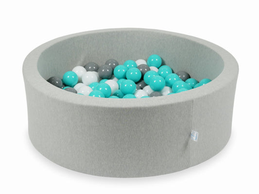 Mimii-Piscine-à Balles-90x30-gris-clair-avec-boules-200-pièces-turquoise-blanc-gris