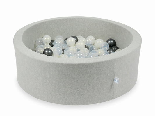 Mimii-Piscine-à Balles-90x30-gris-clair-avec-200-boules-transparent-graphite-métallique-irisées