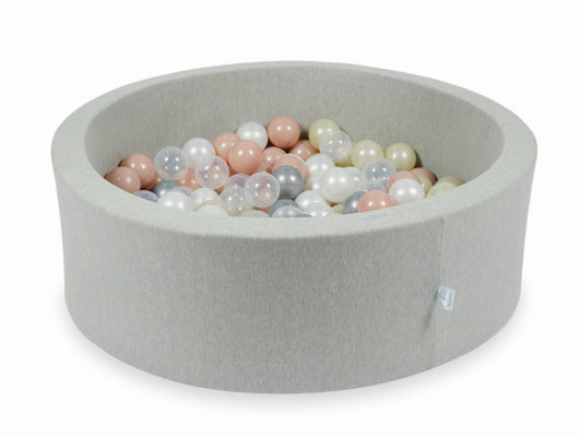 Mimii-Piscine-à Balles-90x30-gris-clair-avec-200-balles-transparent-perles-argent-rose-clair-or-clair