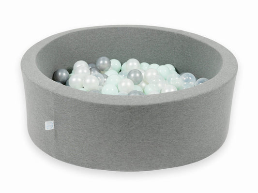 Mimii-Piscine-à Balles-90x30-grise-avec-boules-200-pcs-transparent-perle-argent-menthe-clair