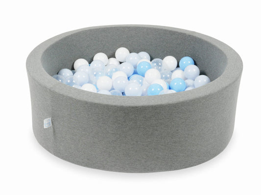 Mimii-Piscine-à Balles-90x30-grise-avec-200-boules-transparent-blanches-bleu-clair-bleu-clair-perlé