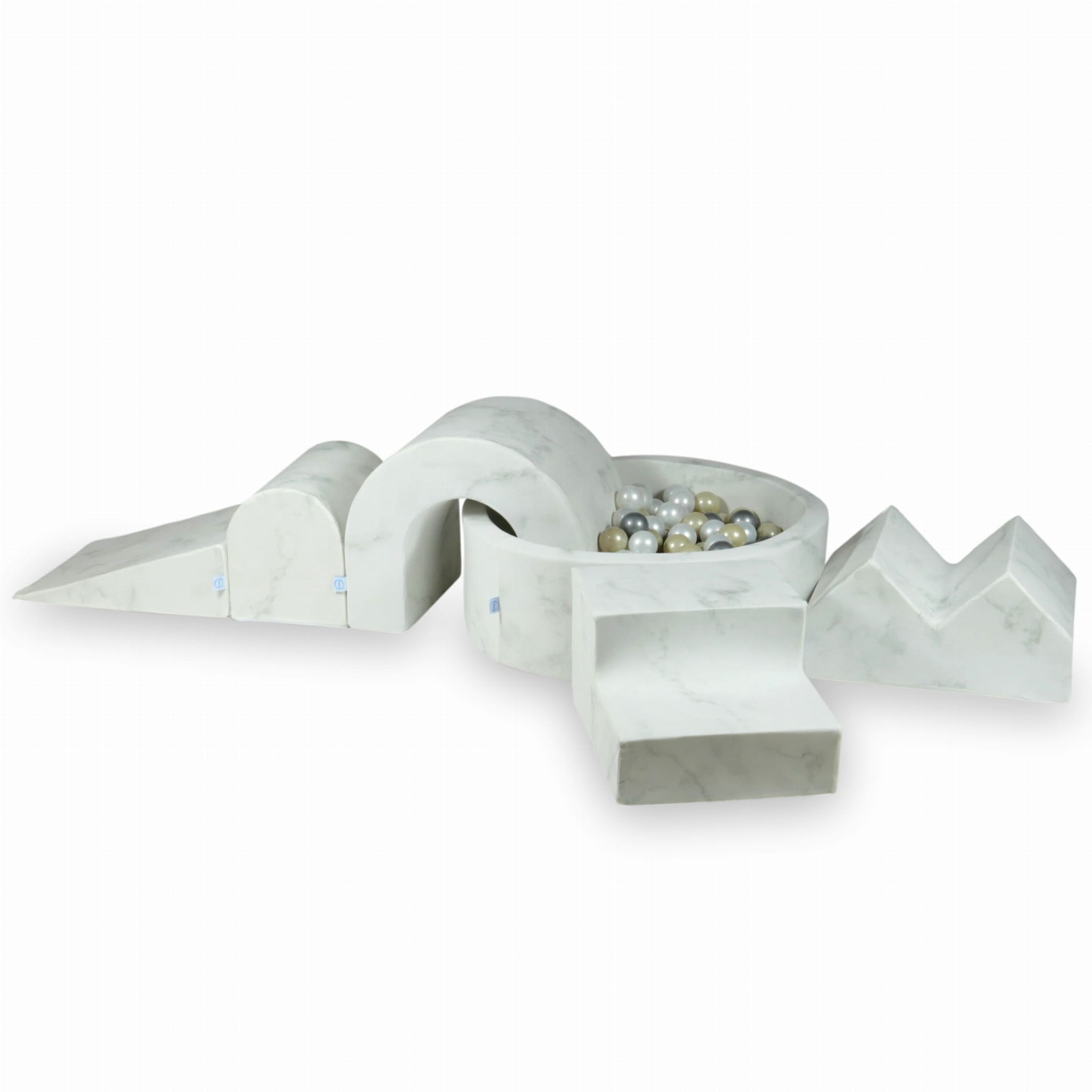 Aire de jeux en mousse avec piscine ronde 90x30 Marbre + 5 éléments + 200 balles (nacré, argenté, or clair)
