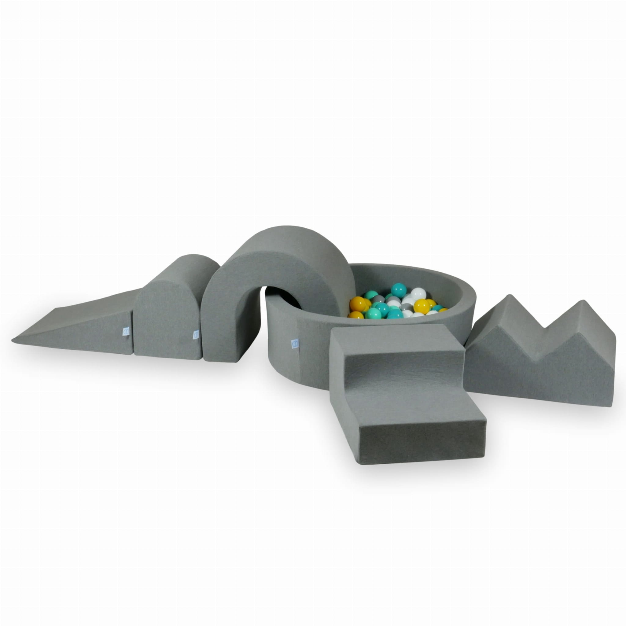 Aire de jeux en mousse avec piscine ronde 90x30 Gris + 5 éléments + 200 balles (blanc, gris, jaune, menthe, turquoise)
