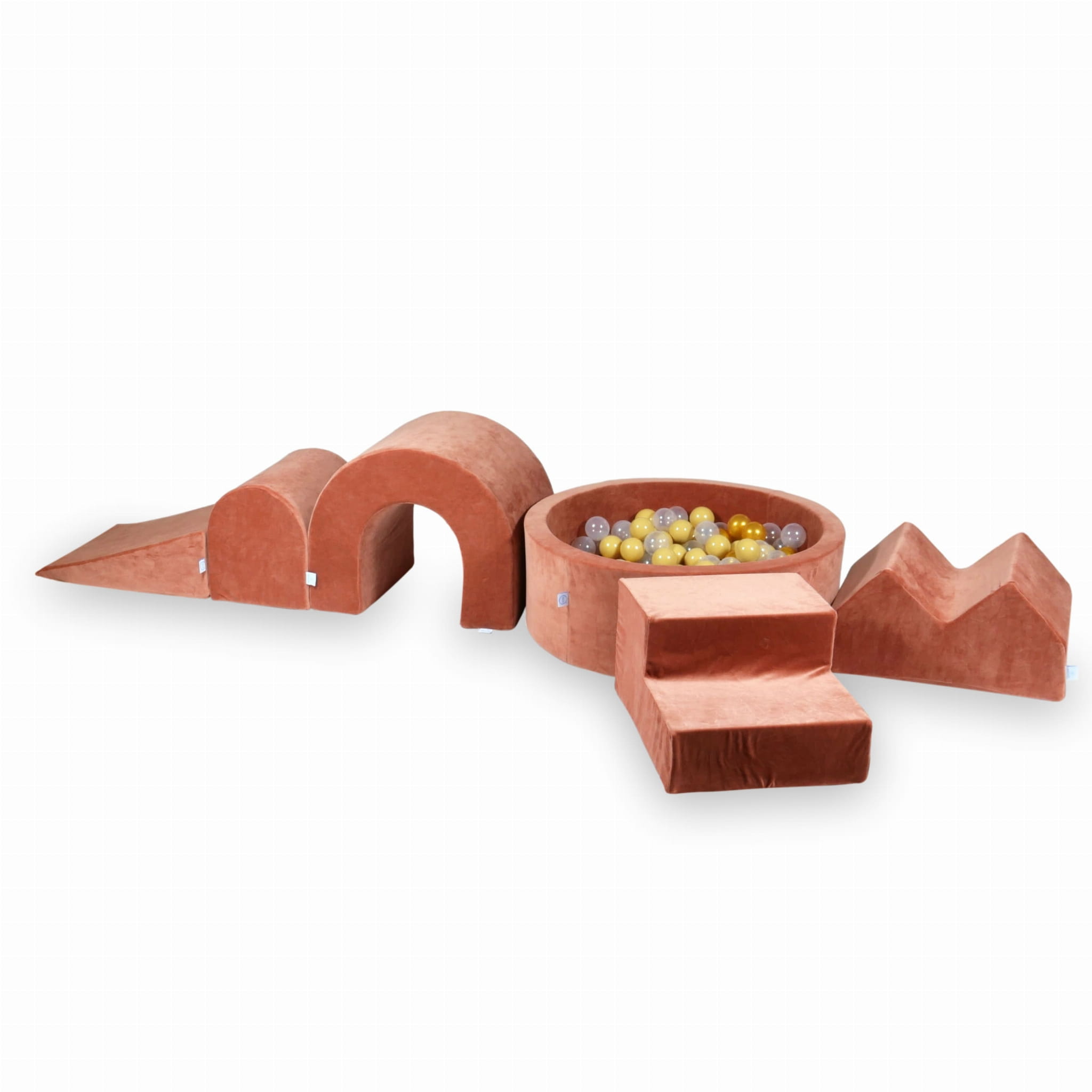Aire de jeux en mousse avec piscine ronde 90x30 Velvet Soft Canyon Clay + 5 éléments + 200 balles (transparent, beige, or)