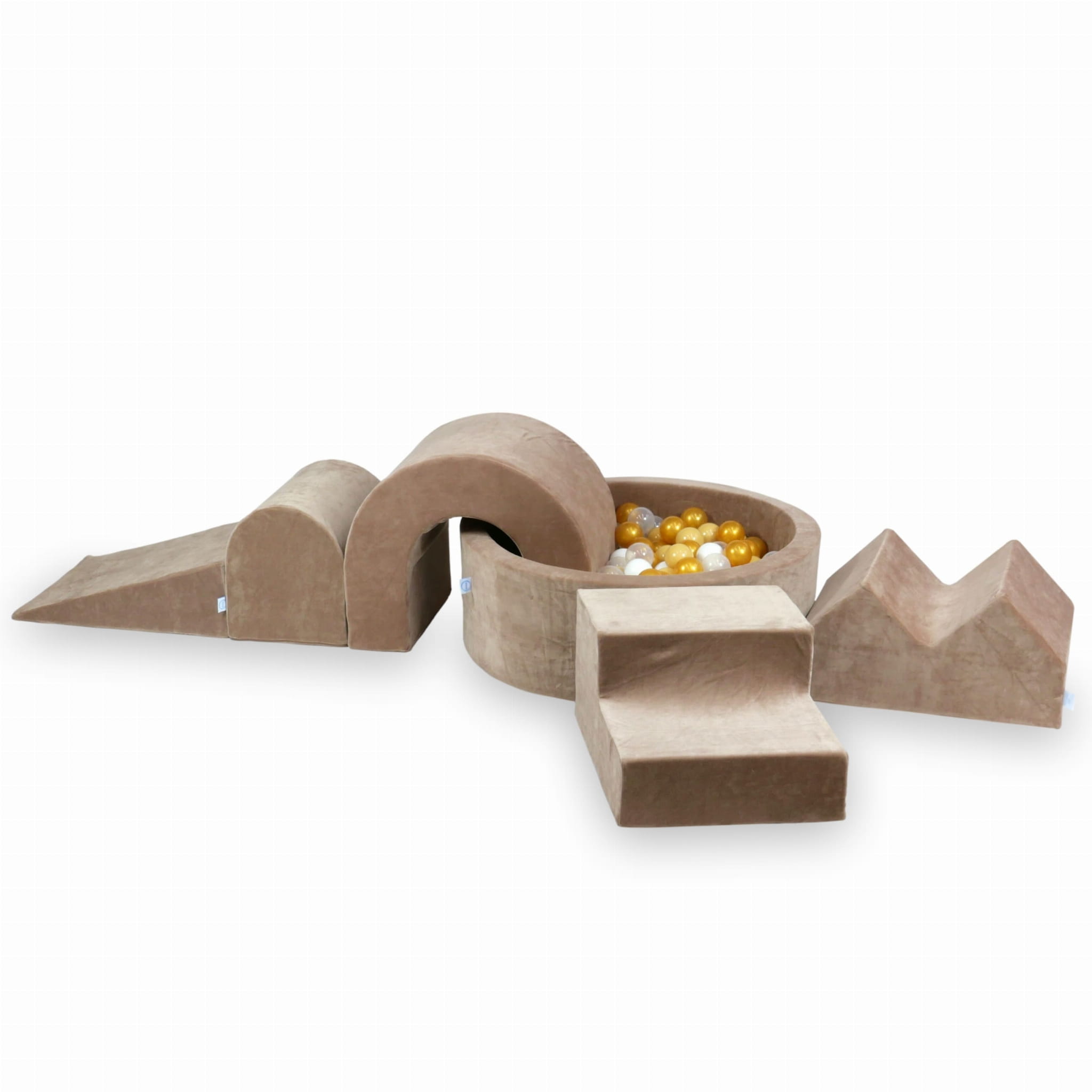 Aire de jeux en mousse avec piscine ronde 90x30 Velvet Soft Beige Foncé + 5 éléments + 200 balles (transparent, blanc, beige, or)